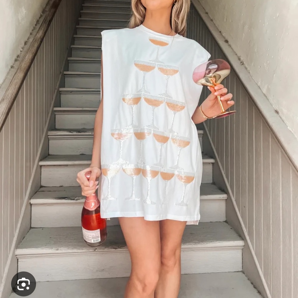 QUEEN OF SPARKLES White Mini Dress with Sequin Champagne Glasses